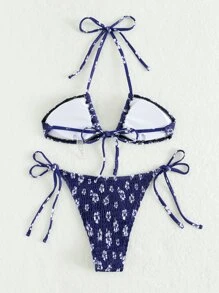 Swim Vcay Swimsuits For Woman Summer Beach Ditsy Floral Print Bikini Set Smocked Halter Bra & Thong Bottom 2 Piece Bathing Suit - Navy Blue - View 2