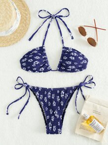Swim Vcay Swimsuits For Woman Summer Beach Ditsy Floral Print Bikini Set Smocked Halter Bra & Thong Bottom 2 Piece Bathing Suit - Navy Blue - View 3