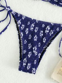 Swim Vcay Swimsuits For Woman Summer Beach Ditsy Floral Print Bikini Set Smocked Halter Bra & Thong Bottom 2 Piece Bathing Suit - Navy Blue - View 6