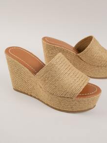 Raffia Straw Chunky Band Platform Wedge Sandals - Khaki - View 2