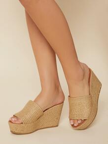 Raffia Straw Chunky Band Platform Wedge Sandals - Khaki - View 3