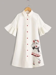 SHEIN Đầm Gái Xù Nút phía trước Con số Dễ thương - trắng - Xem 1