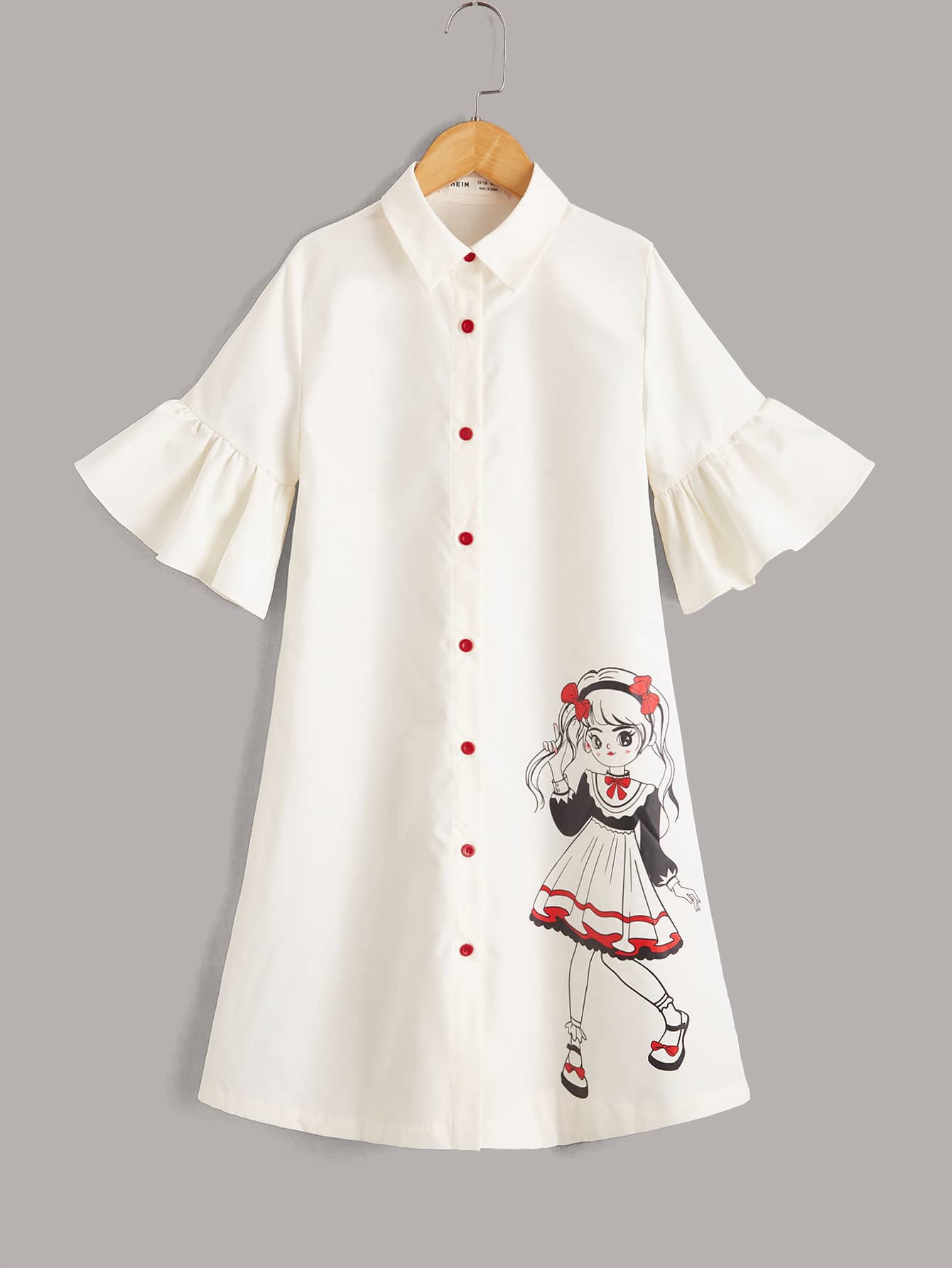 SHEIN Đầm Gái Xù Nút phía trước Con số Dễ thương - trắng - Xem 1