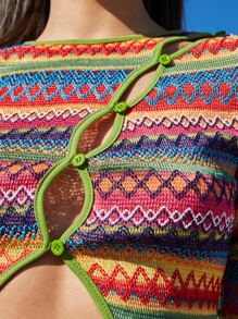 SHEIN Chevron Knit Contrast Binding Asymmetrical Hem Tee - Multicolor - View 3