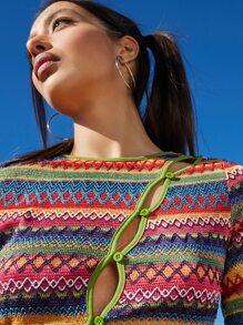 SHEIN Chevron Knit Contrast Binding Asymmetrical Hem Tee - Multicolor - View 5