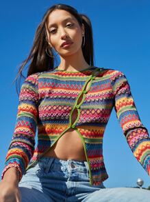 SHEIN Chevron Knit Contrast Binding Asymmetrical Hem Tee - Multicolor - View 6