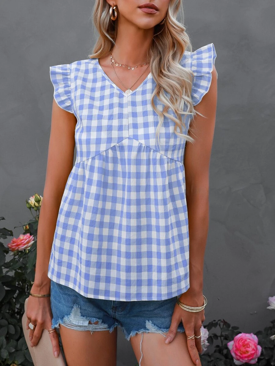 Áo sơ mi nữ Nút Xù Kẻ sọc Giải trí - Xanh và trắng - Xem 1