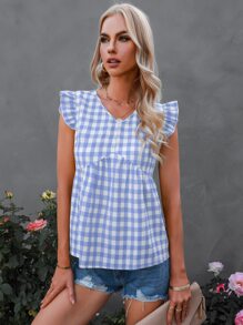 Áo sơ mi nữ Nút Xù Kẻ sọc Giải trí - Xanh và trắng - Xem 4