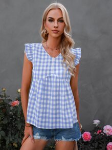Áo sơ mi nữ Nút Xù Kẻ sọc Giải trí - Xanh và trắng - Xem 5