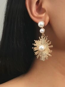 Bông tai thả hoa giả ngọc trai - Vàng - Xem 1