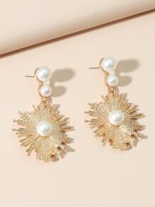 一对夸张长款珍珠向日葵耳环，欧美风格 - 金黃色 - 查看 2