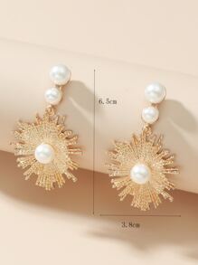一对夸张长款珍珠向日葵耳环，欧美风格 - 金黃色 - 查看 3