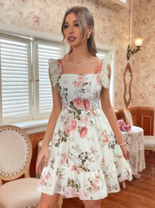 SHEIN Holidaya Đầm không tay cổ vuông in hoa trang nhã có chi tiết viền ren cho mùa hè - Nhiều màu - Xem 3