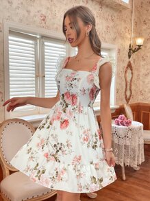 SHEIN Holidaya Đầm không tay cổ vuông in hoa trang nhã có chi tiết viền ren cho mùa hè - Nhiều màu - Xem 4