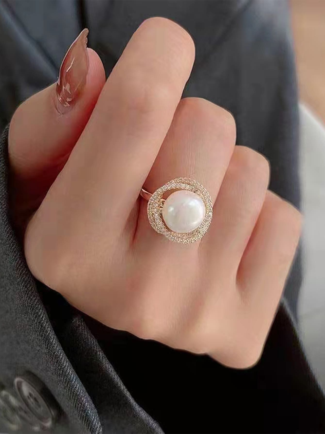 1pc Cubic Zirconia & Faux Pearl Decor Ring Copper Jewelry - Multicolor - View 1