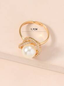 1pc Cubic Zirconia & Faux Pearl Decor Ring Copper Jewelry - Multicolor - View 4