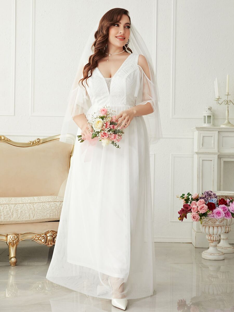 SHEIN Belle Plus Cold Shoulder Mesh Maxi Wedding Dress Without Veil - White - View 1