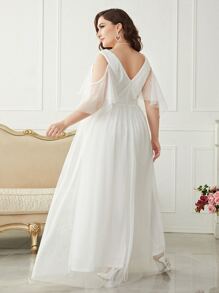 SHEIN Belle Plus Cold Shoulder Mesh Maxi Wedding Dress Without Veil - White - View 2
