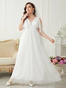 SHEIN Belle Plus Cold Shoulder Mesh Maxi Wedding Dress Without Veil - White - View 3