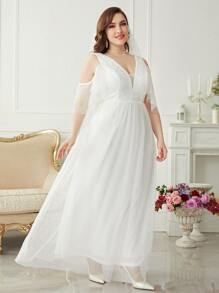 SHEIN Belle Plus Cold Shoulder Mesh Maxi Wedding Dress Without Veil - White - View 4