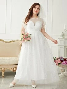 SHEIN Belle Plus Sequin Decor Lace-up Back Mesh Wedding Dress Without Veil - White - View 1