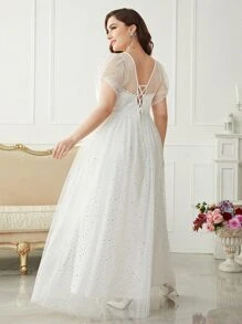 SHEIN Belle Plus Sequin Decor Lace-up Back Mesh Wedding Dress Without Veil - White - View 2