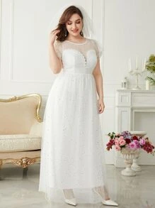 SHEIN Belle Plus Sequin Decor Lace-up Back Mesh Wedding Dress Without Veil - White - View 3