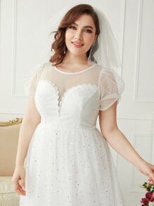 SHEIN Belle Plus Sequin Decor Lace-up Back Mesh Wedding Dress Without Veil - White - View 4