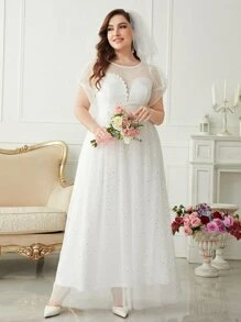 SHEIN Belle Plus Sequin Decor Lace-up Back Mesh Wedding Dress Without Veil - White - View 5