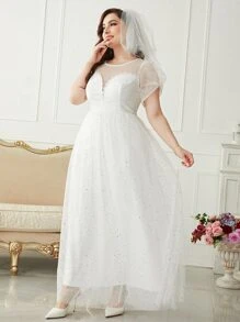 SHEIN Belle Plus Sequin Decor Lace-up Back Mesh Wedding Dress Without Veil - White - View 6