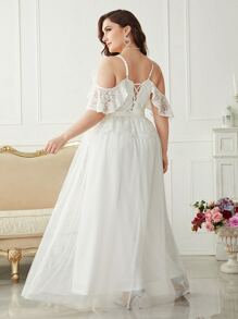 SHEIN Belle Plus Lace Panel Cold Shoulder Mesh Maxi Wedding Dress Without Veil - White - View 2
