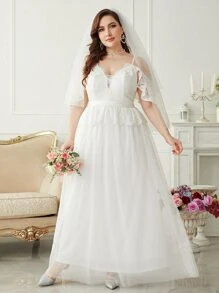 SHEIN Belle Plus Lace Panel Cold Shoulder Mesh Maxi Wedding Dress Without Veil - White - View 6