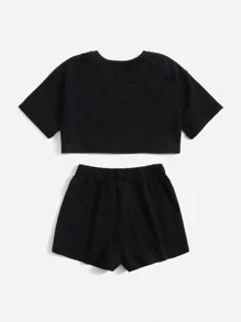 SHEIN Tween Girl Letter Graphic Drop Shoulder Crop Tee & Shorts Set - Black - View 2