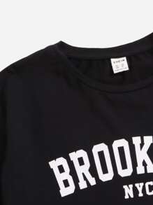 SHEIN Tween Girl Letter Graphic Drop Shoulder Crop Tee & Shorts Set - Black - View 3