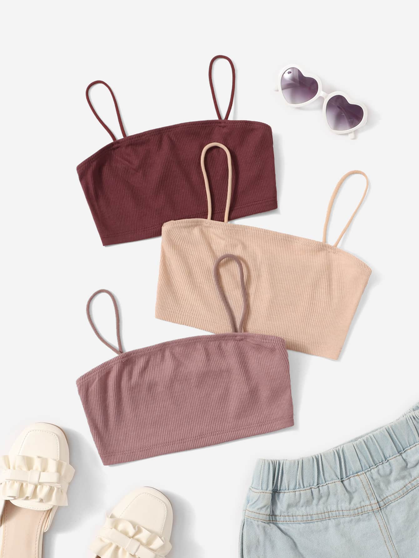 SHEIN Tank Tops & Camis Bé Gái Gân đan màu trơn Giải trí - Nhiều màu - Xem 1