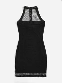 SHEIN Privé 金屬氣眼領露背漁網網紗覆蓋洋裝 - 黑色 - 查看 2