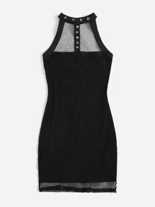 SHEIN Privé 金屬氣眼領露背漁網網紗覆蓋洋裝 - 黑色 - 查看 4