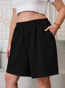 Calvaya Plus Elastic Waist Slant Pocket Shorts - Black - View 1