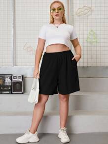 Calvaya Plus Elastic Waist Slant Pocket Shorts - Black - View 5