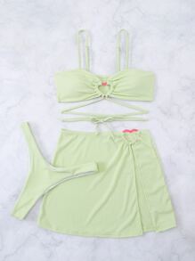 3packs Rib Lace Up Bikini & Beach Skirt - Mint Green - View 5