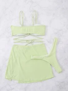 3packs Rib Lace Up Bikini & Beach Skirt - Mint Green - View 2