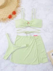 3packs Rib Lace Up Bikini & Beach Skirt - Mint Green - View 6