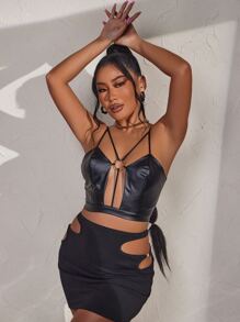 SHEIN SXY 環鏈接鏤空PU皮革吊帶上衣 - 黑色 - 查看 4