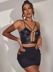 SHEIN SXY 環鏈接鏤空PU皮革吊帶上衣 - 黑色 - 查看 5