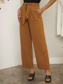 High Waist Belted Wide Leg Trousers - Brown - View 1