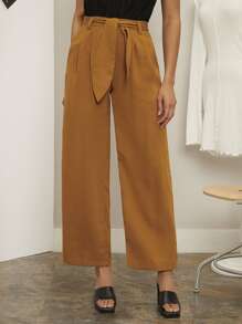 High Waist Belted Wide Leg Trousers - Brown - View 4