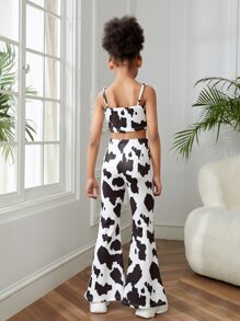 SHEIN Girls Cow Print Cami Top and Flare Leg Trousers Set - Black and White - View 2