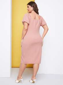 SHEIN Belle Plus Puff Sleeve Split Hem Dress - Baby Pink - View 2
