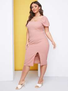 SHEIN Belle Plus Puff Sleeve Split Hem Dress - Baby Pink - View 4