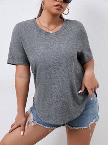 Calvaya 大碼素色弧形下擺T恤 - 灰色 - 查看 4